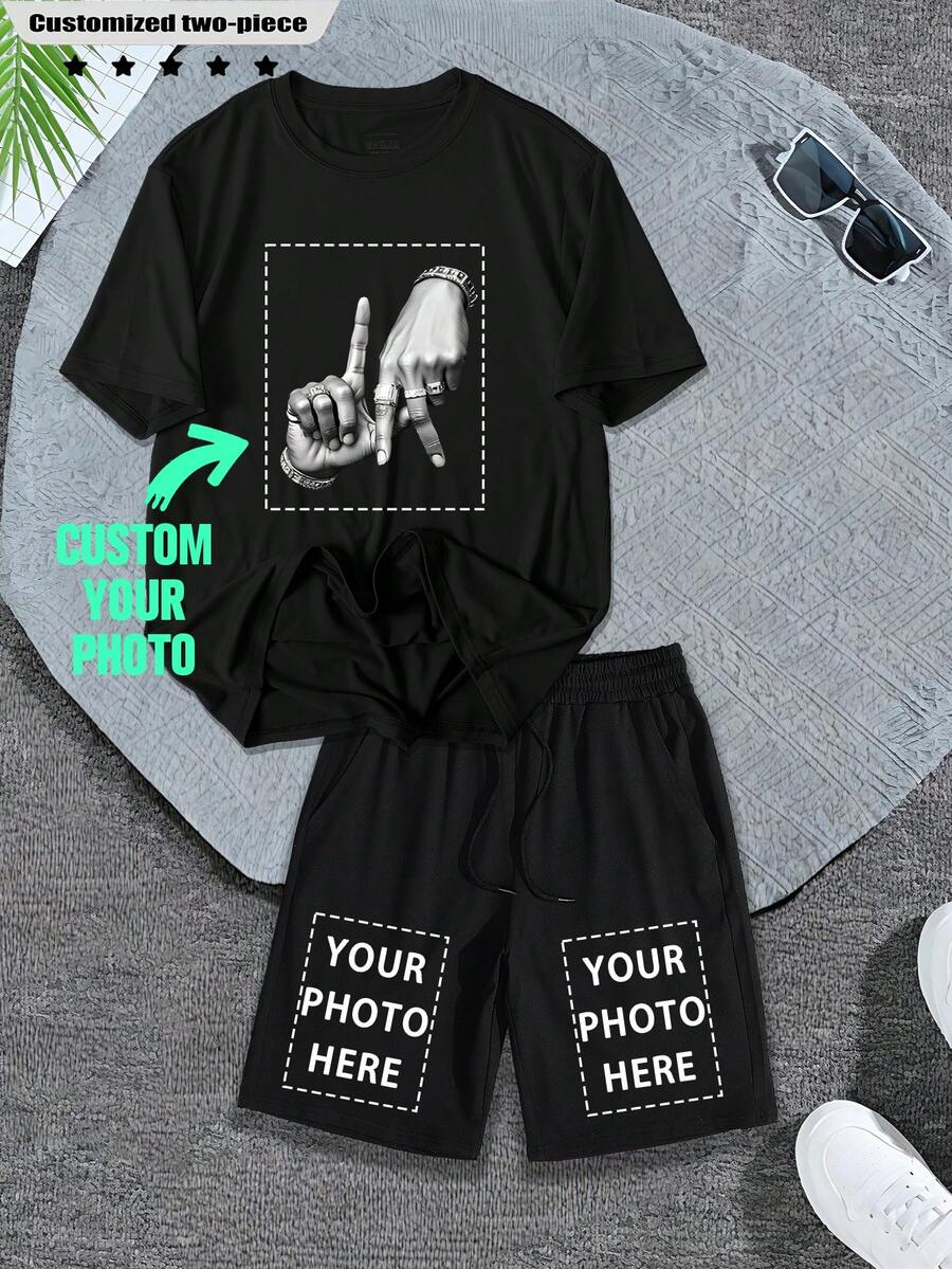 Customized Men's 2 Pieces Set, Black T-Shirt And Shorts, Casual, Loose, Upload Your Own Photos, Logos (Partner/Pet/Group Photos), Corporate Teambuilding Uniforms, Party Customized Outfits, Suitable For Boyfriend, Family, Friends, Birthday, Holiday Gifts, Valentine's Day, Birthday, Anniversary, Personalized Gift - Black - View 1