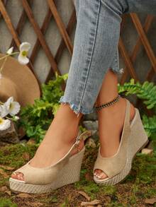 Sandalias de cuña con plataforma y hebilla de unicolor estilo bohemio para mujer, atuendos de primavera y verano - Beis - Ver 4