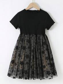 Vestido corto de manga corta de tul para niñas, verano - Negro - Ver 5