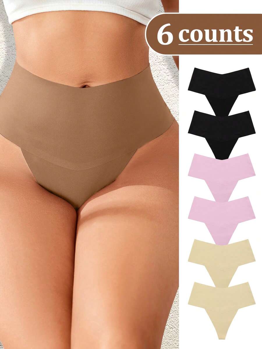 Sharicca 6pcs Women's High Waist Seamless Underwear Soft Breathable Comfortable Stretch Sexy Solid Color Triangle Panties - 設定-1 - 查看 1