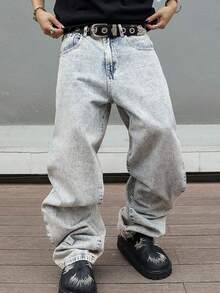 Men's Baggy Straight Jeans Street Style Loose Fit Vintage Denim Pants Full Length Y2K Look Casual No Stretch Blue Wash - 淺色水洗藍 - 查看 5