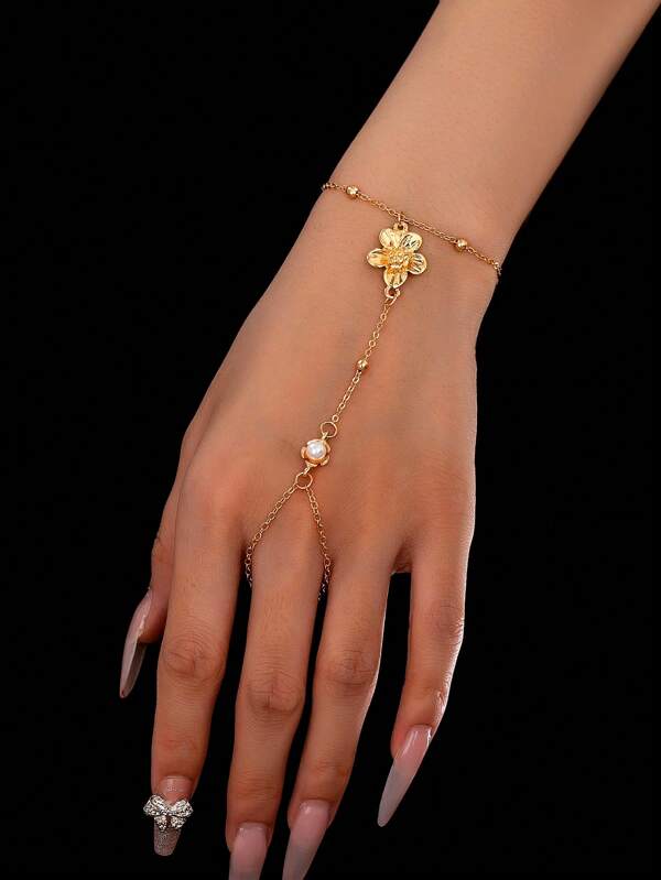 1 pièce Bracelet de doigt minimaliste à la mode avec perles et fleur à 5 pétales, accessoire de décoration quotidien pour femmes. La taille est le critère principal, pas la quantité de perles.
