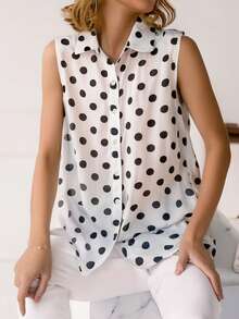 Retro Schwarz & Weiß Polka Punkt ärmellosTeil-Knopfleiste vielseitig tragbares Pendler Hemd