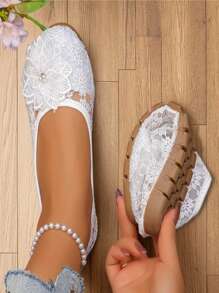Damen Mode Stickerei Spitze Flache Schuhe mit Kristall Blumen Dekor, atmungsaktiv bequem weich Slip-On, geeignet für Alltag, Party, Date, Tanz, Strand und Urlaub, Gummisohle, Alle Jahreszeiten, Damenschuhe