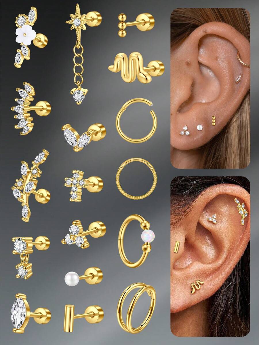 CIZME Pendientes de tuerca de acero inoxidable de 16/20 calibres para cartílago, hélice, piercings, anillos para la nariz, aro para el septum, anillos para el labio, pendientes de espalda plana para mujeres