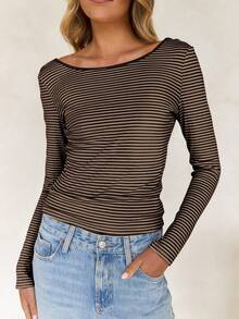 Vaiaye Women's Sexy Backless Striped Knit Long Sleeve Top, Backless Round Neck Casual T-Shirt, Suitable For Work Commute In Spring And Summer - Brown - View 2