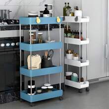 3/4-Tier Kitchen Storage Cart - Space-Saving Narrow Rolling Storage Rack With Hooks, 360° Swivel Wheels, Slim Sliding Shelves, Suitable For Home, Bathroom, Living Room, Office And Apartment Multi-Function Rolling Cart - Multicolor - View 8