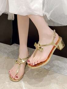 Women's Solid Color Fashion Sandals, Golden Flower Decorated Shoes, Summer T-Strap High Heels, Casual Single Strap Anti-Slip Thick Sole High Heels