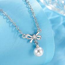 925 纯银项链配珍珠吊坠，镀白金优雅女士珠宝，母亲节/婚礼/周年纪念日防过敏礼物 - 蝴蝶型 - 查看 2