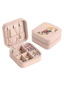 1pc Mini Floral Alphabet Jewelry Storage Box, A-Z Gold Letters, Portable Zipper Travel Jewelry Storage Box, Gift Box For Women, Multi-Function Jewelry Display Stand For Rings, Pendants, Earrings, Necklaces, Etc. - Suitable For Women, Mother, Girlfriend, Valentine's Day Gift Box.