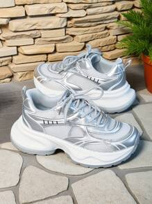 2025 Novo Tênis Chunky Prateado, Sapato Casual de Sola Grossa e Plataforma, Mesh Respirável, Estilo de Rua da Moda, 2 Cores Disponíveis