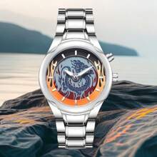 1 Stück Modische Herrenuhr - Retro Drachenmuster Zifferblatt, Zinklegierungs-Armband, Zeiger Fließen, exklusives Geschenk für ihn, passend für Männer jeden Alters und verschiedene Anlässe