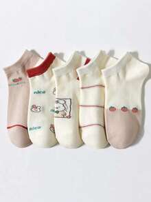 5 Pairs Mesh Design Cute Casual Japanese Style Thin Breathable & Sweat-Absorbing Short Socks For Women, Spring/Summer