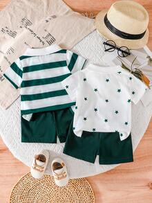 4pcs/Set Toddler Boys Fashion Casual Star & Stripe Patterned Short Sleeve Top And Solid Color Shorts Summer Outfit - Green - View 3