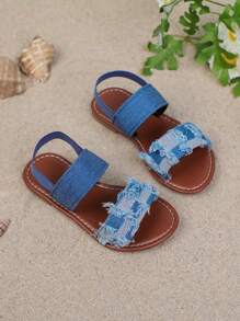 1 Pair New Style Children's Fashion Flat Sandals, Canvas Elastic Strap Design, & Versatile, Suitable For Girls Outdoor, Casual, Beach Wear