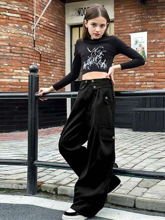 Tween Girls' High Waist Solid Color Cargo Pants, With Turnover Collar, Turnover Waist Decor, Pockets, Loose Straight Leg, Suitable For School, Outings, Commuting, Spring/Summer/Fall