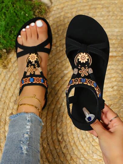 Damen Sandalen für Große Größen, flach, für den Sommer, Bohemian Strandpantoletten, bequeme Slip-On Riemchensandalen für Frühling/Sommer