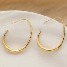Lightweight Teardrop Hoop Earrings For Women, Bright And Shiny Gold Plated Large Oval Pull Through Hoop Earrings High Polished Statement Jewelry Gift For Women Teen Girls Simple U-Shaped Hoop Earrings For Women