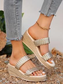 Women's Thick Sole Straw Rope Woven Summer Beach Vacation Casual Fashion Slip-On Platform Wedge Sandals