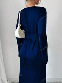 Women's Solid Color Draped Neck Flare Sleeve Elegant Arabian Style Dress