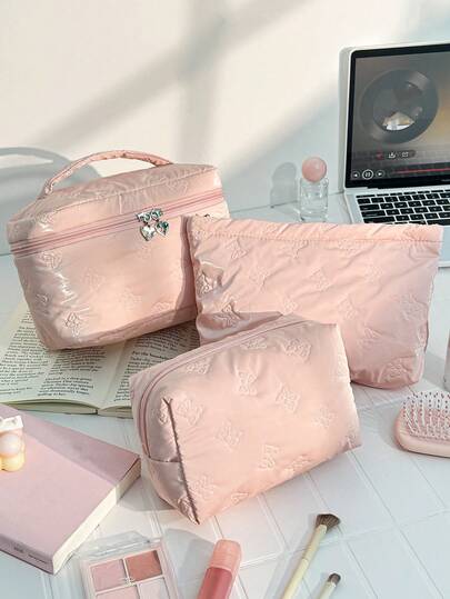 1件/套 亮面蝴蝶结图案化妆包，纯色婴儿粉赛博朋克化妆包，闪亮大容量护肤品收纳袋，金属元素旅行必备手提包，纯色压纹蝴蝶结拉链设计泡沫布化妆包