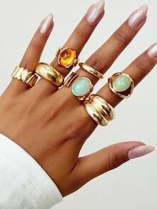 7 件复古时尚几何玉石镶嵌戒指套装，厚金属金色戒指适合女性日常佩戴和派对装饰，礼品首饰套装 - 金黃色 - 查看 13