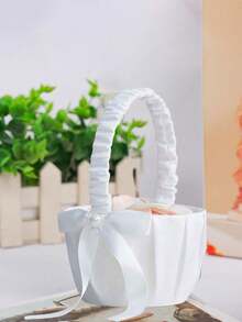 1pc/2PCS Wedding Flower Baskets, Satin Bowknot Flower Baskets Pearl Collection - White Bow - View 4