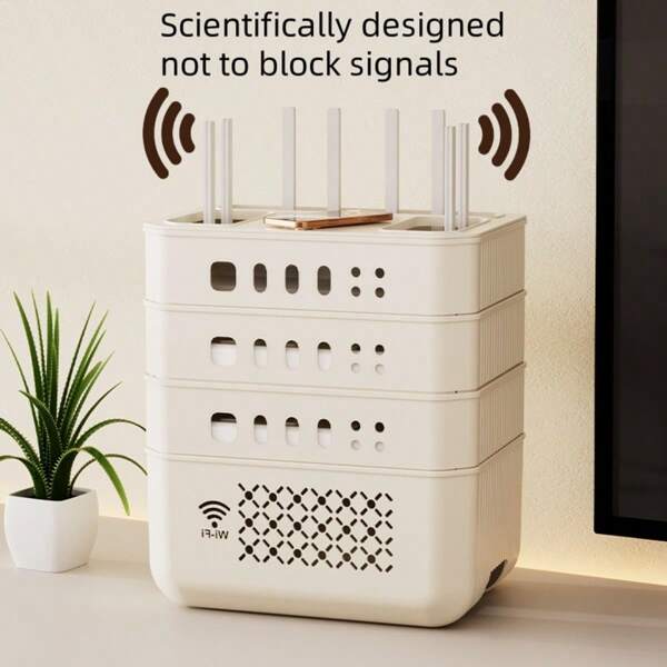1pc Multi-Layer Wifi Router Storage Box, Large Capacity, Scientifically Designed Not To Block Signal, Plastic Material, Router Holder Rack, Minimalist Style Milky White, Square Multi-Layer Structure, Hollow Pattern & Wifi Logo Details, Suitable For Organizing Network Devices At Home