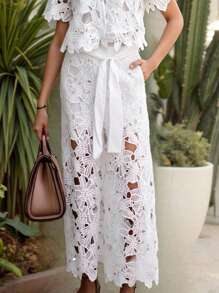 (1piece)Women's Solid-Color Sexy Cut Out Large-Flower Embroidered Lace Up Wide-Leg Pants,Casual Long Pants, No Top,Gothic Style