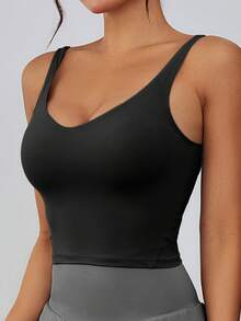 1pc Women's Short Nylon Tight Fit Sports Camisole With Removable Bra Pads, Back Slimming, Suitable For Spring/Summer - 黑色 - 查看 3