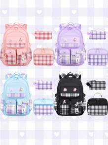 3-Piece Set: Bowknot Girl Backpack, Lunch Box Bag, Pencil Case, Polyester Plaid Pattern, Multi-Pocket, Large Capacity, Student School Backpack With 3 Detachable Badges, Back To School Essentials, Suitable For School And Travel