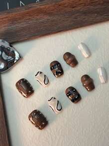 Adicione um toque romântico com 10 unhas postiças quadradas curtas, novas, com linhas marrons não padronizadas combinadas com cores nuas, decoração tridimensional para uso europeu, kit completo de unhas acrílicas falsas, adequado para mulheres e garotas, bem como casamentos, e 1 Peça Lixa de unha mini e 1 Peça Folha de adesivos