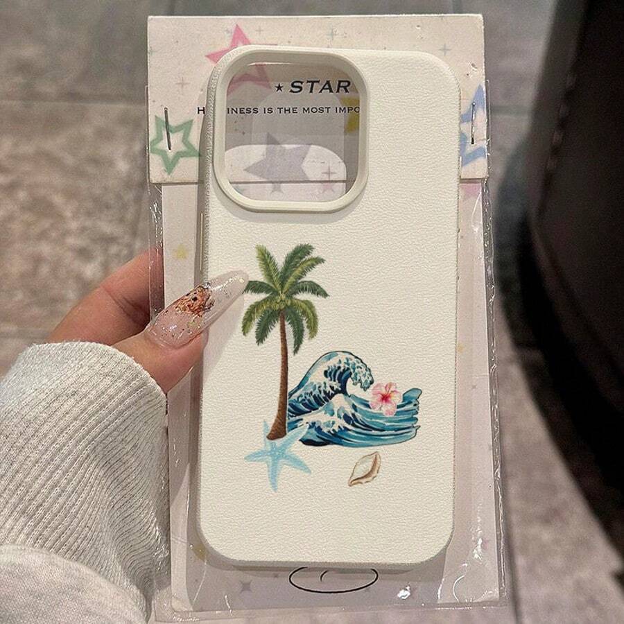 植物图案 1 件装 TPU 材质可爱椰子树波浪纹手机壳，兼容 /红米手机，防水防震防摔防刮花 - 白色 - 查看 1
