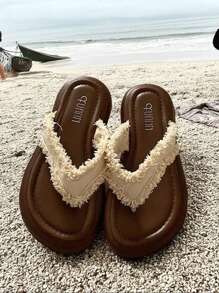 Sandali estivi da donna infradito - infradito da spiaggia con tomaia in tessuto morbido e suola in gomma, sottopiede imbottito per uso casual all'aperto, colore marrone, scarpe da spiaggia, con decorazioni con nappine