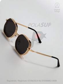 015068863-0009-SX2358 1 buc Ochelari de soare geometrici metalici de vară pentru bărbați, ochelari stil stradal la modă, negri/aurii/argintii/maro, ramă mai groasă cu orificii de ventilație, vine cu husă din piele PU sau hârtie (aleatoriu) Look preppy la modă pentru întoarcerea la școală