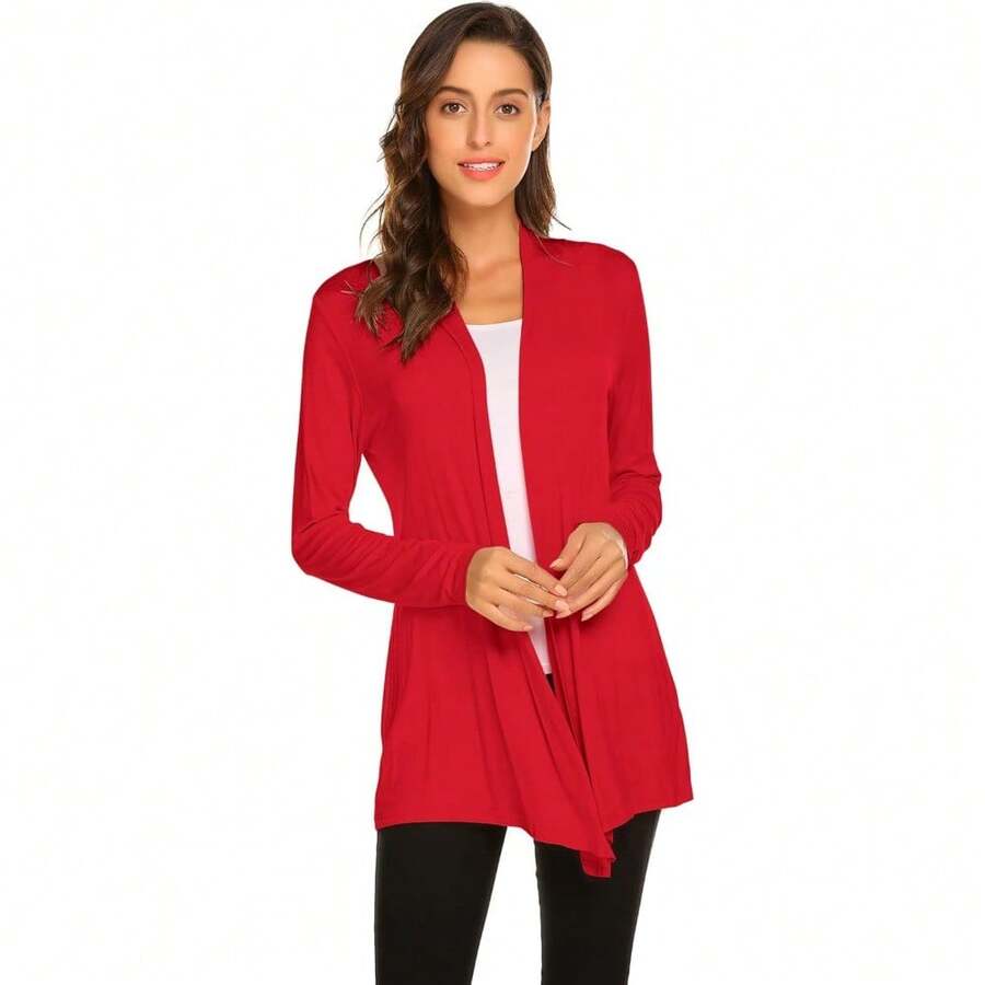 Newchoice Womens Casual Lightweight Long Sleeve Cardigan Soft Drape Open Front Fall Dusters (S-3XL) - Red - View 1