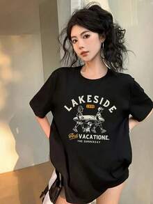 200g Pure Cotton T-Shirt 2025 Summer Ladies New Short Sleeve Pure Cotton Holiday Pattern Short Sleeve Round Neck Couple Wear Small Shirt Tops - 黑色 - 查看 1