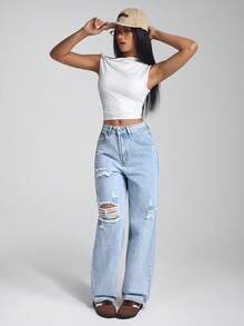 Jeanoix Holes Ripped Casual Water Wash Straight Jeans - Medium Wash - View 6