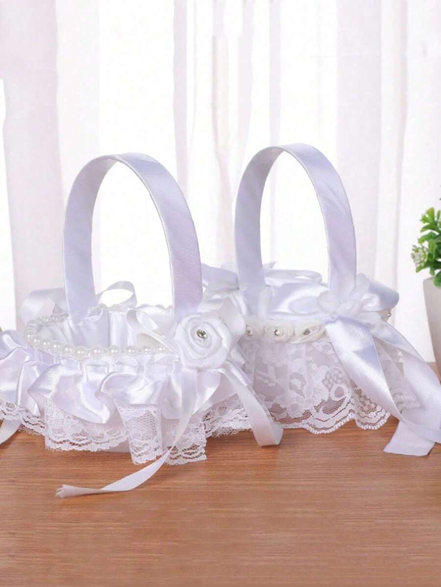1pc White Flower Girl Basket For Wedding (White Style With Random Floral Pattern) (Due To The Variety Of Styles, All Are Handmade, And The Actual Item May Differ Slightly From The Detailed Photos, Please Refer To The Received Physical Product) - White - View 1