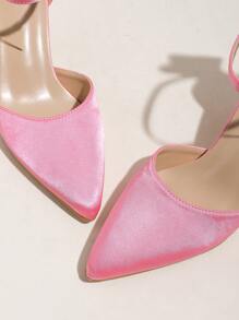 Spring & Autumn Pink Satin Bow Pointed Toe Ankle Strap High Heel Women Shoes