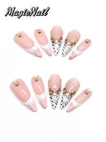 10 Pieces Of Pure Hand-Pressed Wearable Nail, Press On Nails,Nail Supplies,Nails Ptess On,Beach Essentials,33mm Long Nail Pieces, Pink And White Contrasting Colors, Hand-Painted Black Striped Decoration, Yellow Rhinestones Forming Arc Decoration, Convex Lines Are Threaded. Spring And Summer Style, Cute Nail Film. It Is Suitable For Daily Leisure And Vacation.