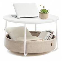 VASAGLE - Mesa de Centro Redonda con Almacenamiento, Mesa Central Redonda para Sala de Estar con Cesta de Tela, Estilo Moderno, Marco de Metal, Blanco Mate y café Camello ULCT244W10 - Blanco - Ver 2