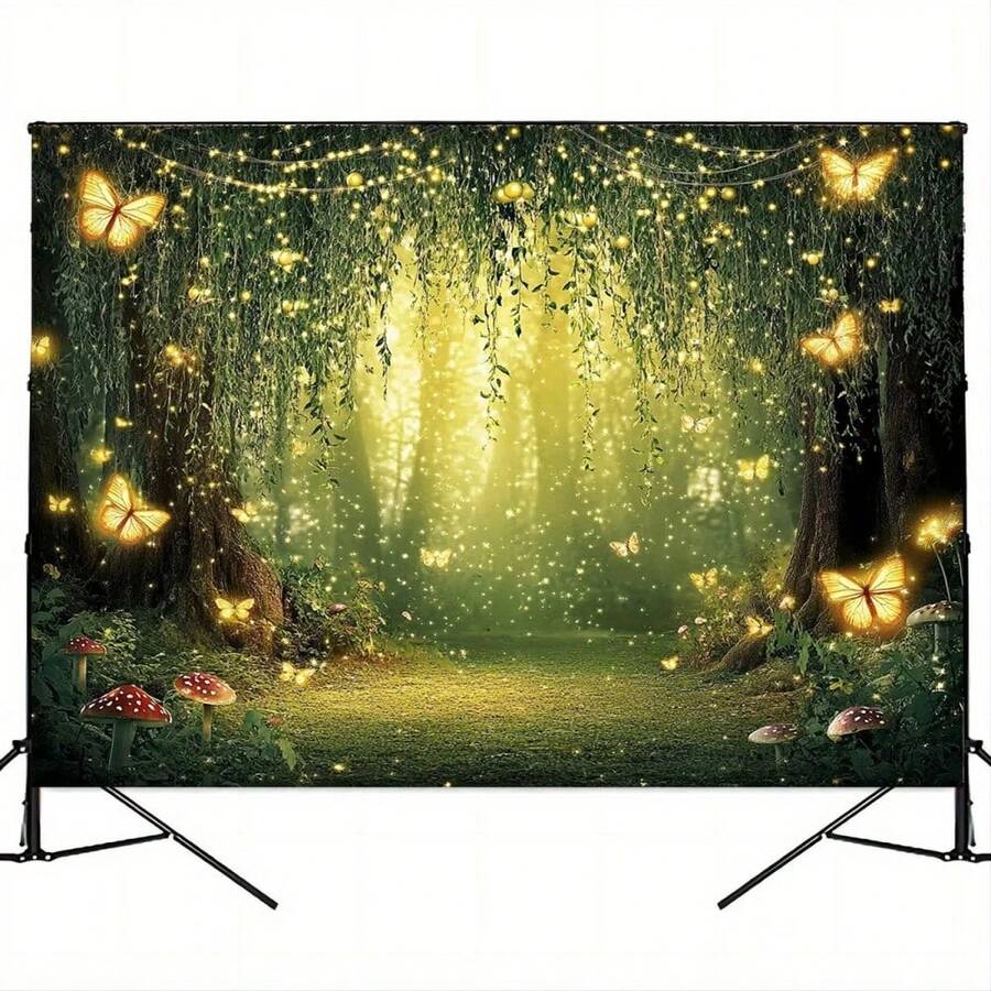 Telón de fondo de cuento de hadas con bosque mágico verde, árboles, camino de ladrillos amarillos, escenario mágico de princesa para fotografía, decoración para fiesta - Multicolor - Ver 1