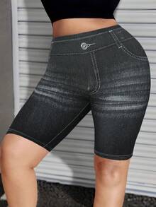 Kurze Hosen in Große Größen für Frauen mit hoher Elastizität und Jeansdruck Muster, lässige, bequeme gestrickte Sport Bermudas