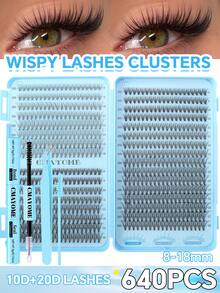 640件DIY睫毛延长套装 - 混合长度10-16毫米，包含10D、20D、30D、40D、50D簇状睫毛、猫眼睫毛、Cosplay睫毛、俄罗斯卷睫毛、自然睫毛、浓密睫毛和夸张睫毛等款式，含粘合剂和密封胶、镊子，适合初学者使用，厚度0.07毫米，D型卷翘，适合家庭使用。睫毛簇状套装，睫毛，假睫毛