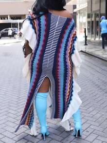 GLOURI Women's Vibrant Cable Knit Sweater Maxi Dress - Sexy High Slit & Boho Striped Ruffles | Long Sleeve Fall/Winter Party Dress (Casual Loose Fit Pullover) - Màu xanh lam - Xem 3