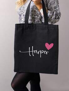 1pc Custom Name Canvas Tote Bag - Personalized School Bag With Heart Design, Ideal For Bridesmaid, Girlfriend, Or Mom Gift, Black With White Script Name "Harper, All-Purpose, Large Capacity, Versatile, Multifunction, Cute, Adorable, Contracted, Funny, Kawaii, Y2K, Minimalist, Commuting, Business Casual, Basics, Custom, Personalized, Customized, Ideal Gifts For Her, Her, Family, Friends, Girlfriend, For Anniversaries, For Birthdays, For Holiday/ Vacation, For Outdoors/Outings/Travel/Hiking/Stadium/Sports/Climbing, For Business/Commute/Work/Office, Customized Women Bags