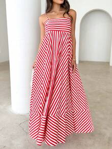 Women Y2K Maxi Dress Smocked Spaghetti Strap Sleeveless Long Flowy Dress Boho Backless Aline Long Dress Summer Casual Beach Sun Dress - 紅色 - 查看 1