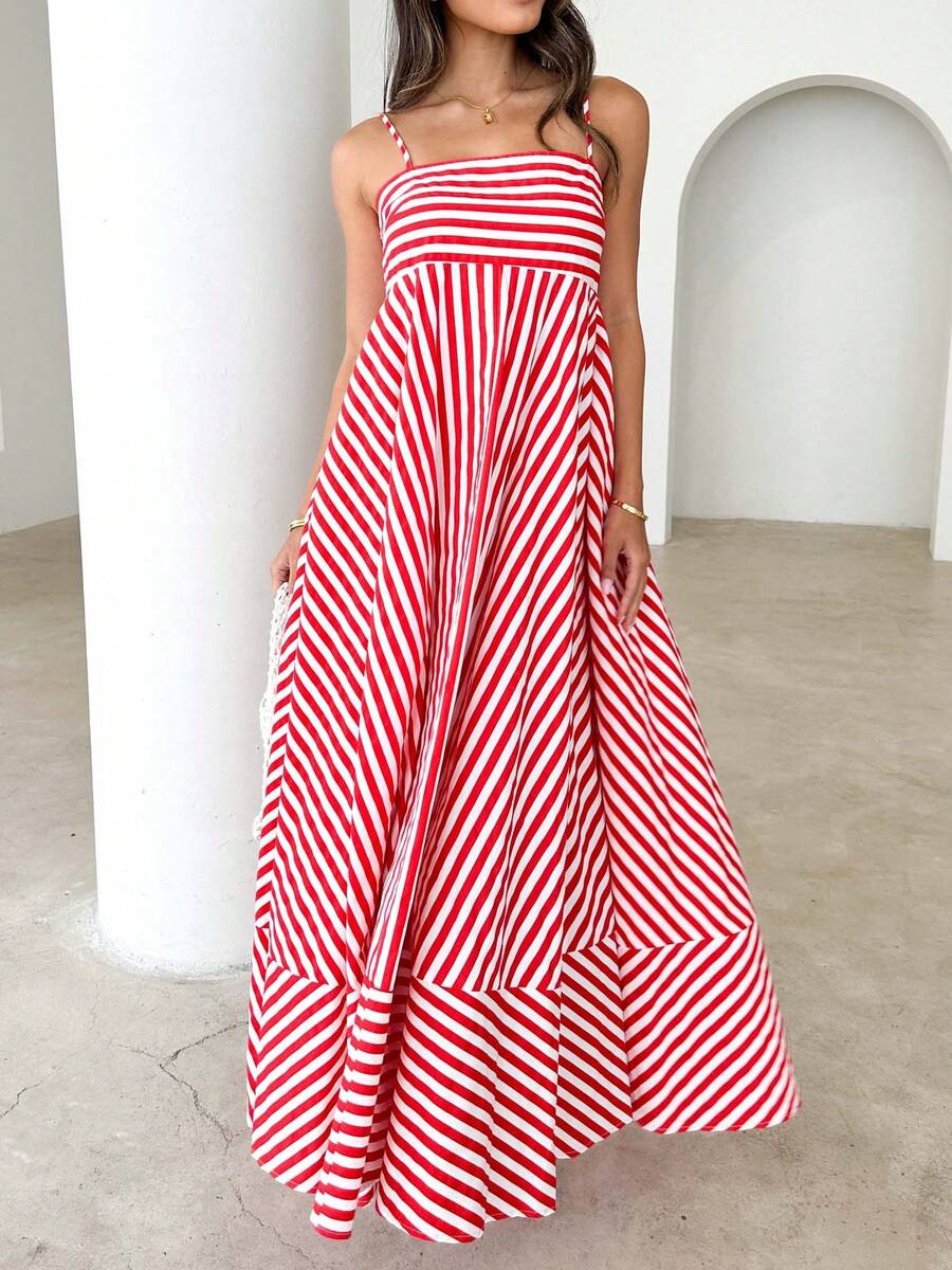 Women Y2K Maxi Dress Smocked Spaghetti Strap Sleeveless Long Flowy Dress Boho Backless Aline Long Dress Summer Casual Beach Sun Dress - 紅色 - 查看 1
