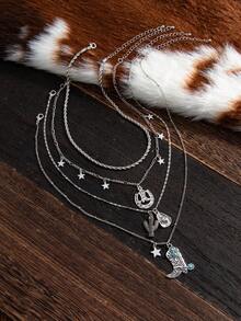 4pcs/Set Western Cowboy Style Vintage Turquoise, Cowboy Hat, Cactus, Boots, Star Element Metal Pendant Multi-Layer Necklace - 4-piece Set - View 4